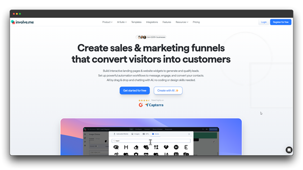 Homepage of involve.me, an online funnel builder that allows users to create interactive sales and marketing funnels. It features a "Create with AI" option to help visitors build a customized AI funnel without coding.  "Online Funnel Builder: Al funnel : Al funnel builder"" 