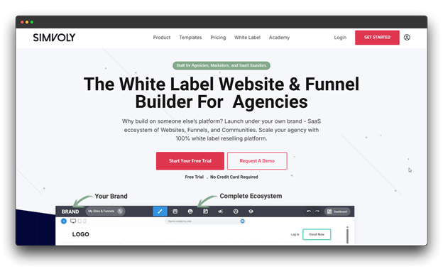 Simvoly’s white label website and online funnel builder for agencies. The interface shows a "Complete Ecosystem" dashboard used to scale agency branding through a resellable AI funnel builder platform.  "Online Funnel Builder: Al funnel : Al funnel builder"" 