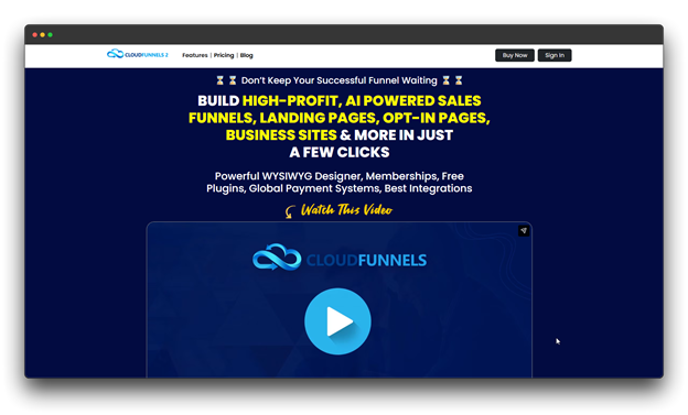 Dashboard of CloudFunnels 2, an online funnel builder designed for high-profit, AI powered sales funnels. The landing page highlights its WYSIWYG designer and global payment integrations for creating a custom AI funnel. "Online Funnel Builder: Al funnel : Al funnel builder"" 